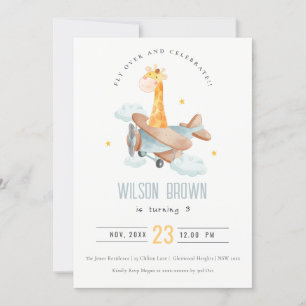 Invitation Bleu mignon Voler sur Giraffe Animal Plane Anniver