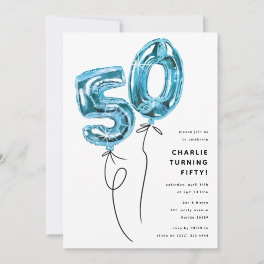 Invitation Bleu minimum 50 Balloon 50e fête d'anniversaire (Devant)