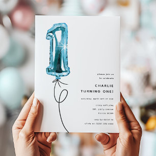 Invitation Bleu minimum un ballon 1er fête d'anniversaire