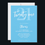 Invitation Bleu moderne Elégant 21e anniversaire<br><div class="desc">Une simple invitation moderne 21ème anniversaire avec une élégante typographie de script de calligraphie et un design minimaliste en bleu et blanc.</div>
