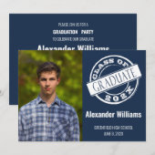 Invitation Bleu Moderne Photo Fête de Graduation (Devant / Derrière)