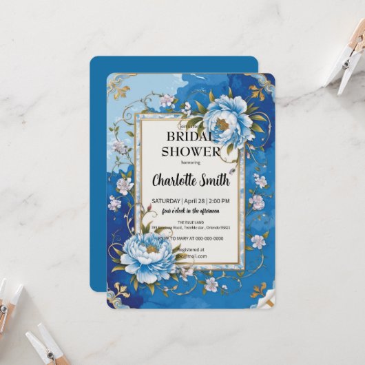 Invitation Bleu Moderne Rose antique douche nuptiale (Devant/Arrière en situation)