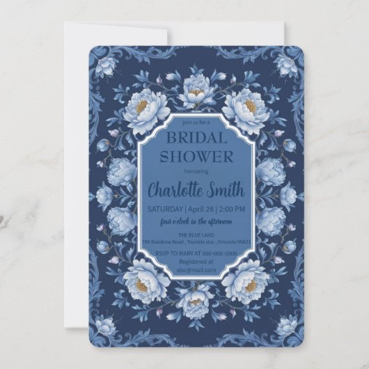 Invitation Bleu Moderne Rose Fleur antique douche nuptiale (Devant)