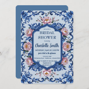 Invitation Bleu Moderne Rose Fleur antique douche nuptiale
