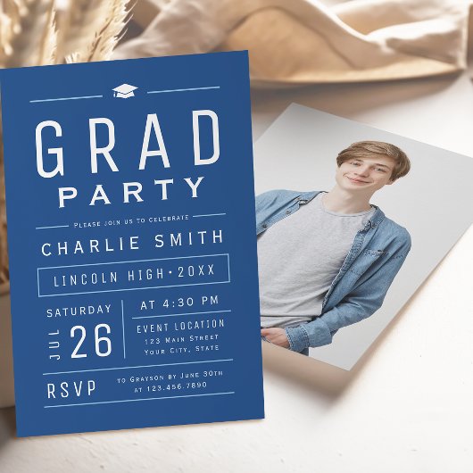 Invitation Bleu Moderne Simple Typographie Partie de graduati