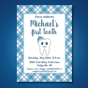 Invitation Bleu mou Plaid Baby Boy's First Tooth Party