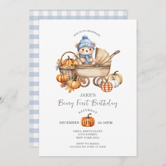 Invitation Bleu mou Poudre d'ours Citrouille automne 1er anni (Devant / Derrière)