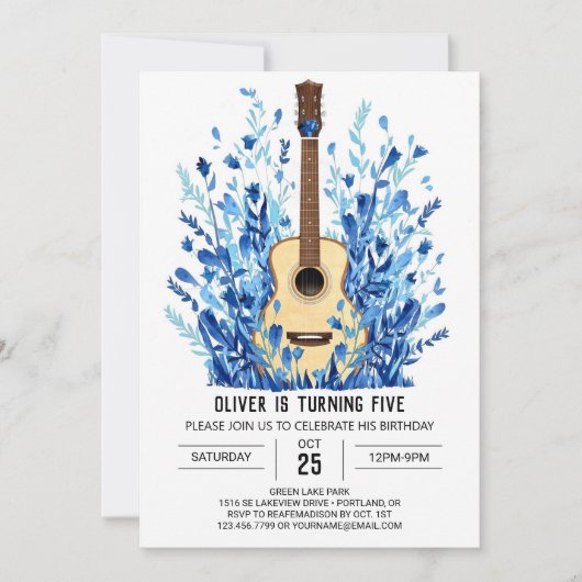 Invitation Bleu musicien guitare garçon Anniversaire (Devant)