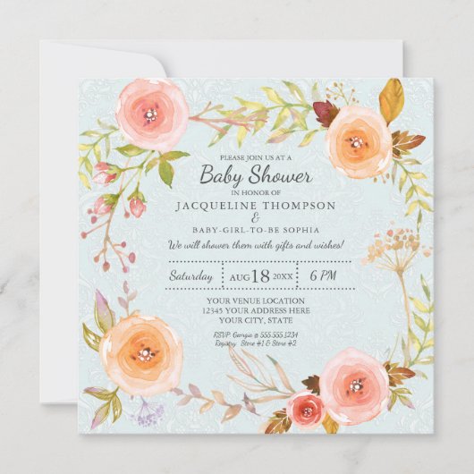 Invitation Bleu n Aquarelle rose Floral Baby shower Damas (Devant)