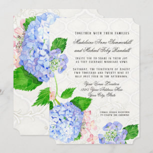 Invitation Bleu n rose Hydrangée Aquarelle Floral Arabesque