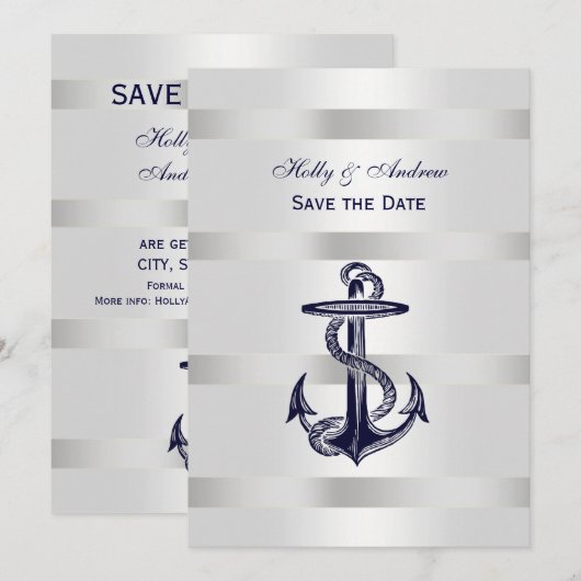 Invitation Bleu Nautique Ancre Argent Poids BG V Save the Dat (Devant / Derrière)