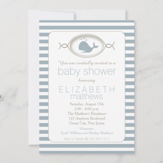 Invitation Bleu Nautique Époux Baleine Baby shower rayé I (Devant)