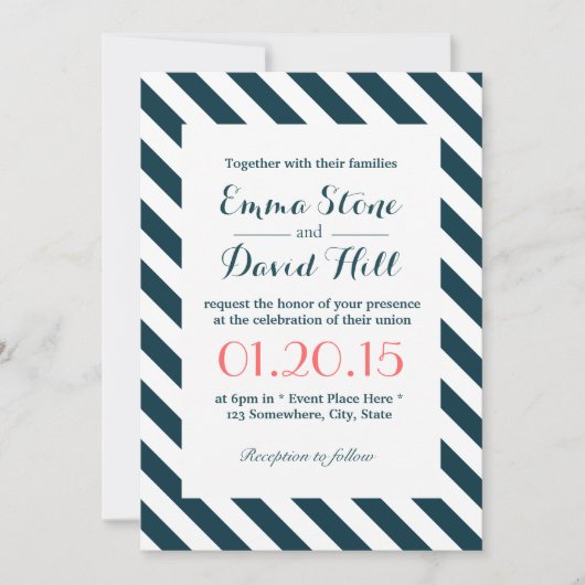 Invitation Bleu nautique et blanc Mariage diagonale (Devant)