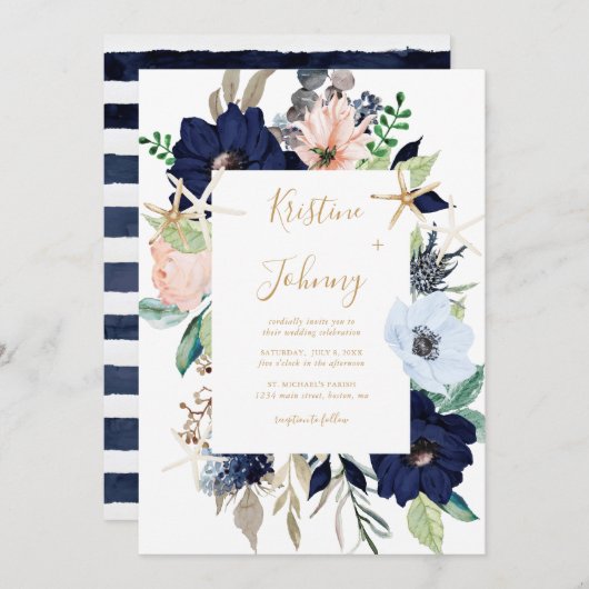 Invitation Bleu nautique Floral Or Starfish Mariage rayé (Devant / Derrière)