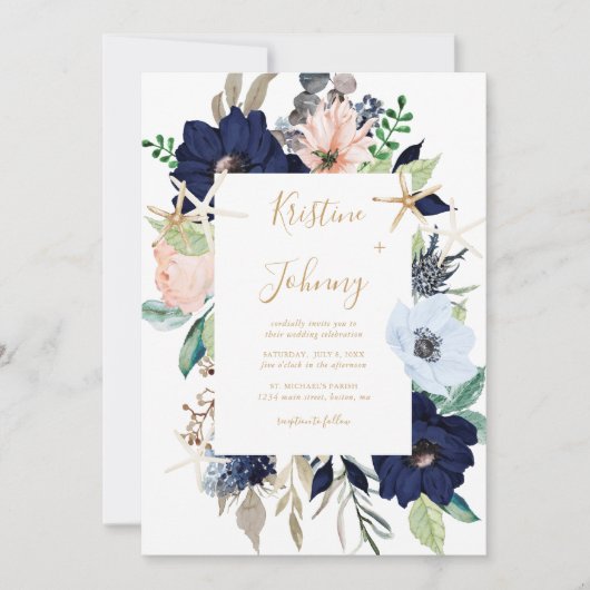Invitation Bleu Nautique Floral Or Starfish Script Mariage (Devant)