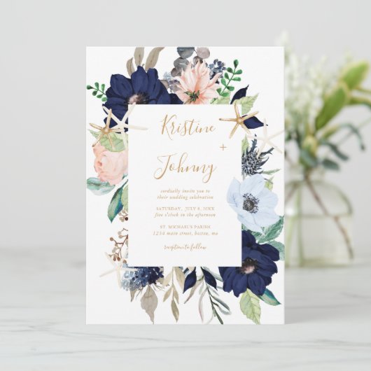 Invitation Bleu Nautique Floral Or Starfish Script Mariage (Debout devant)