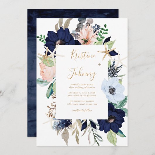 Invitation Bleu Nautique Floral Or Starfish Script Mariage (Devant / Derrière)
