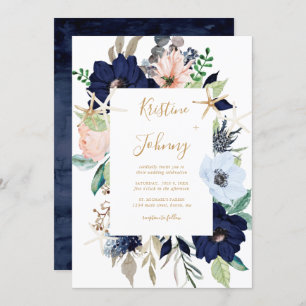 Invitation Bleu Nautique Floral Or Starfish Script Mariage
