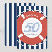 Invitation Bleu nautique rayé 50e anniversaire (Devant / Derrière)