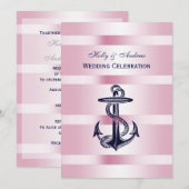 Invitation Bleu Nautique Rose d'Ancre Fond V Mariage (Devant / Derrière)