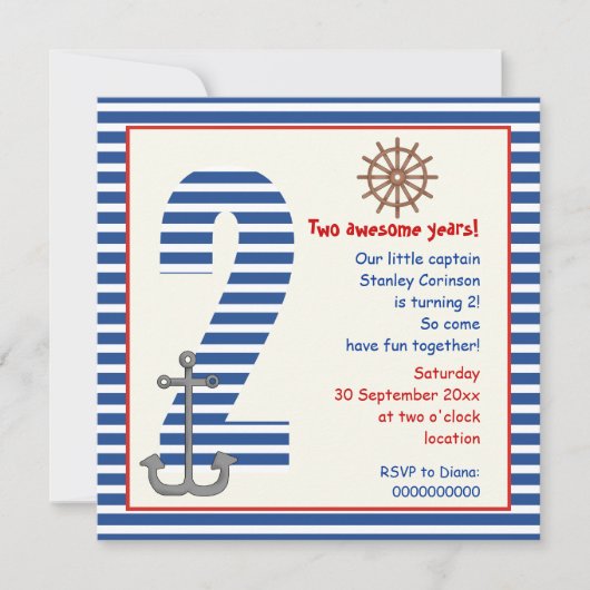 Invitation Bleu nautique, voilier blanc 2e anniversaire (Devant)