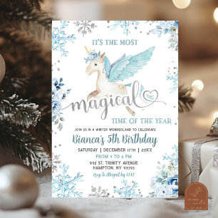 Invitation Bleu neige Magique Unicorne hiver Anniversaire
