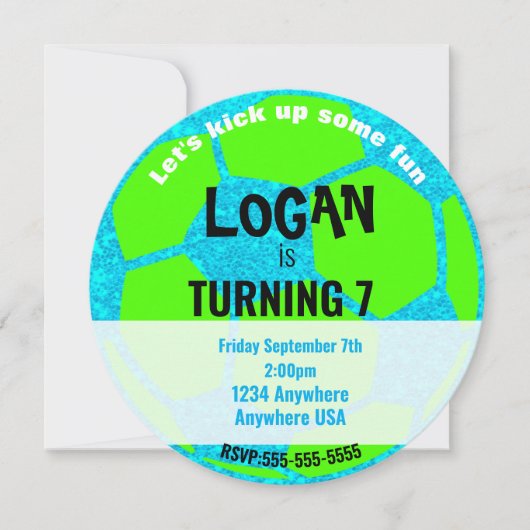 Invitation Bleu Neon Glow Soccer Ball Anniversaire, Fête de f (Devant)