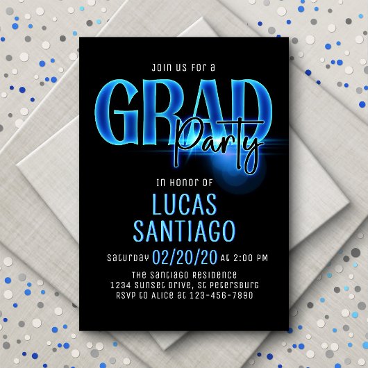 Invitation Bleu Neon Graduation Party