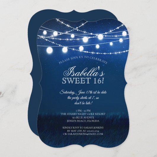 Invitation Bleu Night & Argent String Lights 16 Anniversaire (Devant / Derrière)