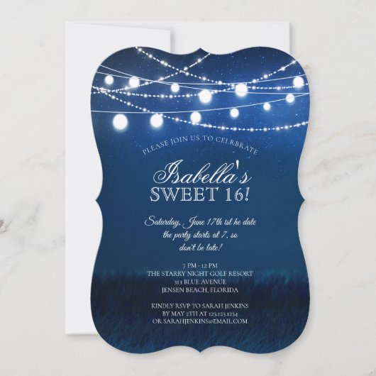 Invitation Bleu Night & Argent String Lights 16 Anniversaire (Devant)