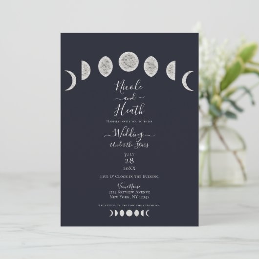 Invitation Bleu Night Sky Moon Phases Mariage soirée (Debout devant)