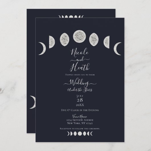 Invitation Bleu Night Sky Moon Phases Mariage soirée (Devant / Derrière)