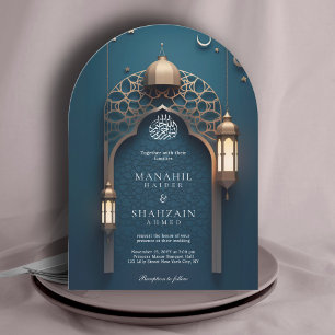 Invitation Bleu Nil Arc islamique 3D Élégant Mariage musulman