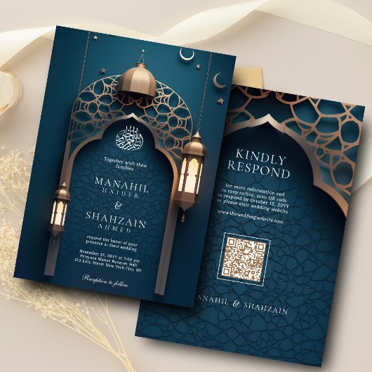 Invitation Bleu Nil Arc islamique 3D Élégant Mariage musulman