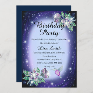 Invitation Bleu n'importe quel âge Bling Floral Birthday