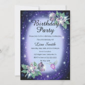 Invitation Bleu N'Importe Quel Âge Bling Oiseau Floral Annive (Devant)