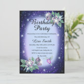 Invitation Bleu N'Importe Quel Âge Bling Oiseau Floral Annive (Debout devant)