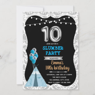 Invitation Bleu noir 10e anniversaire fête de sommeil