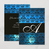 INVITATION BLEU NOIR BLANC DAMAS MONOGRAMME (Devant / Derrière)