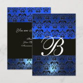 INVITATION BLEU NOIR BLANC DAMAS MONOGRAMME RSVP (Devant / Derrière)