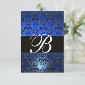 INVITATION BLEU NOIR BLANC DAMASK MONOGRAM RSVP (Debout devant)