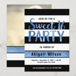 Invitation Bleu noir blanc sweet sixteen anniversaire