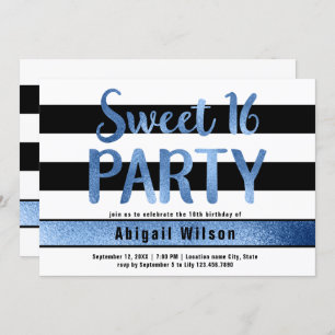 Invitation Bleu noir blanc sweet sixteen anniversaire
