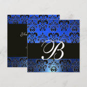 Invitation BLEU NOIR DAMAS MONOGRAMME , blanc (Devant / Derrière)