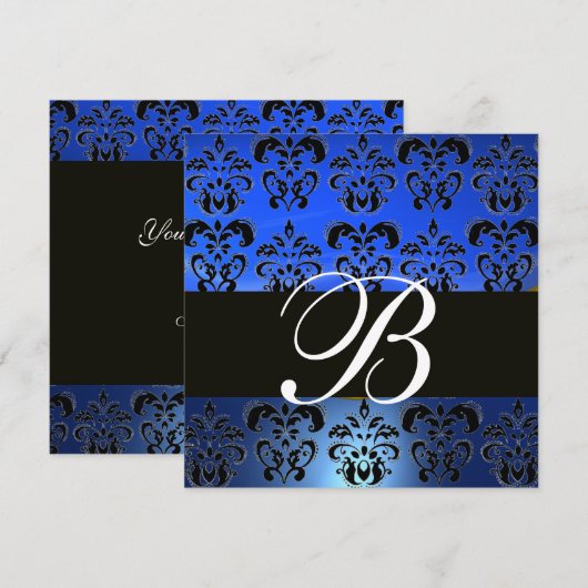 Invitation BLEU NOIR DAMAS MONOGRAMME , blanc (Devant / Derrière)