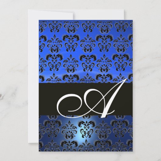 Invitation BLEU  NOIR  DAMAS MONOGRAMME ,blanc brillant (Devant)