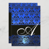 Invitation BLEU  NOIR  DAMAS MONOGRAMME ,blanc brillant (Devant / Derrière)