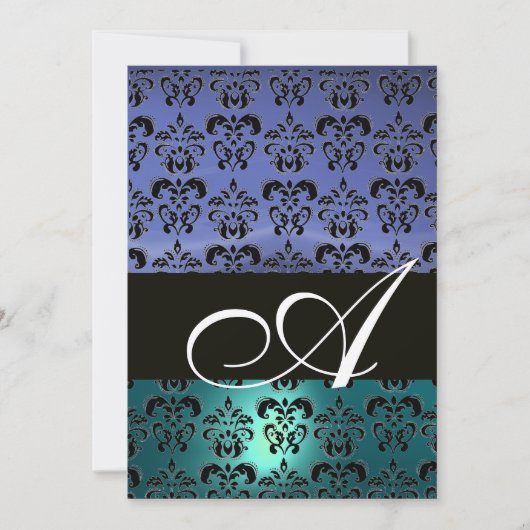 Invitation BLEU NOIR DAMAS MONOGRAMME ,blanc brillant (Devant)