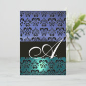 Invitation BLEU NOIR DAMAS MONOGRAMME ,blanc brillant (Debout devant)