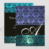 Invitation BLEU NOIR DAMAS MONOGRAMME ,blanc brillant (Devant / Derrière)